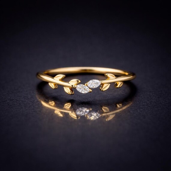 Marquise Moissanite Toi Et Moi Ring, Two Stone Engagement Ring, Half Leaf Band Anniversary Gift, Stackable Promise Ring Nature Inspired Ring