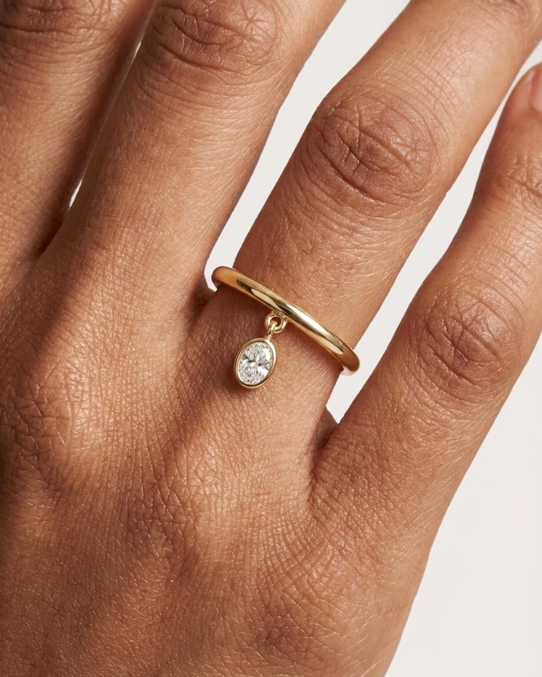 Dangle Charm Ring, Oval Moissanite Bezel Ring, Dainty Gold Dangling ...