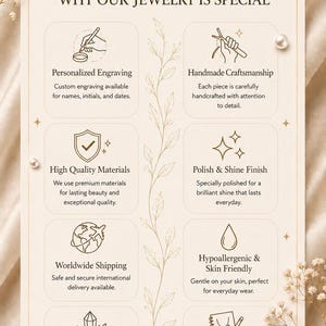 May include: A beige informational card for NovaJewelTreasure featuring a diamond logo and text detailing jewelry services including personalized engraving, handmade craftsmanship, high quality materials, polish and shine finish, and custom jewelry orders.