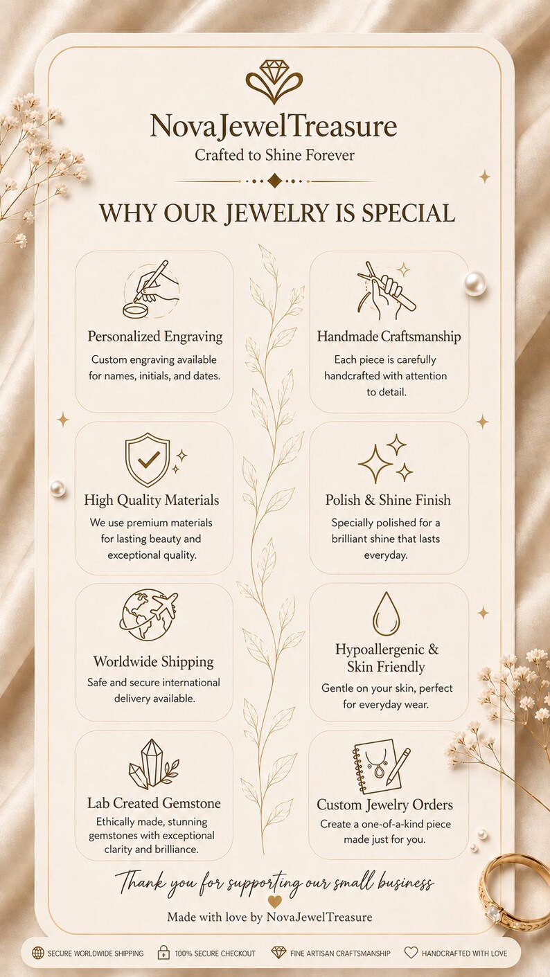 May include: A beige informational card for NovaJewelTreasure featuring a diamond logo and text detailing jewelry services including personalized engraving, handmade craftsmanship, high quality materials, polish and shine finish, and custom jewelry orders.