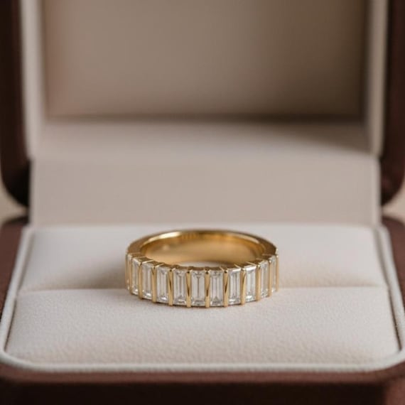 Vintage Baguette Cut Moissanite Half Eternity Band Ring, Moissanite Stackable Engagement Ring Wedding Straight Bar Setting Band Ring For Her