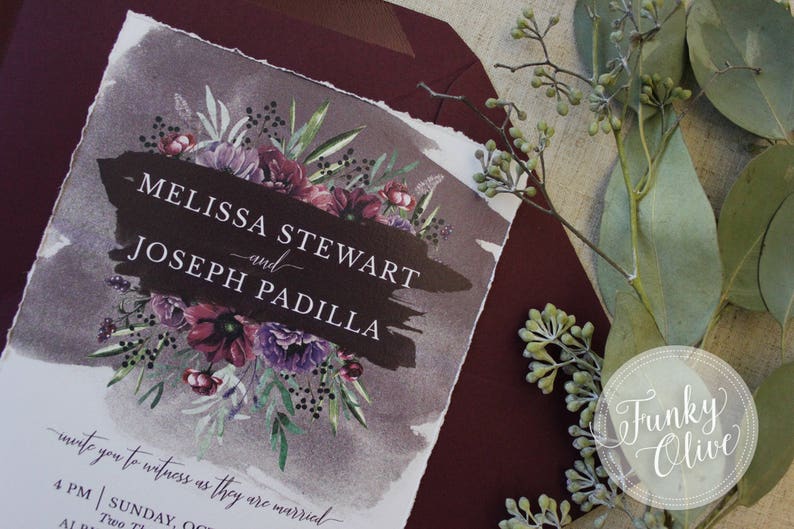 Deckled Edge Wedding Invitation Dark Moody Burgundy Plum image 4