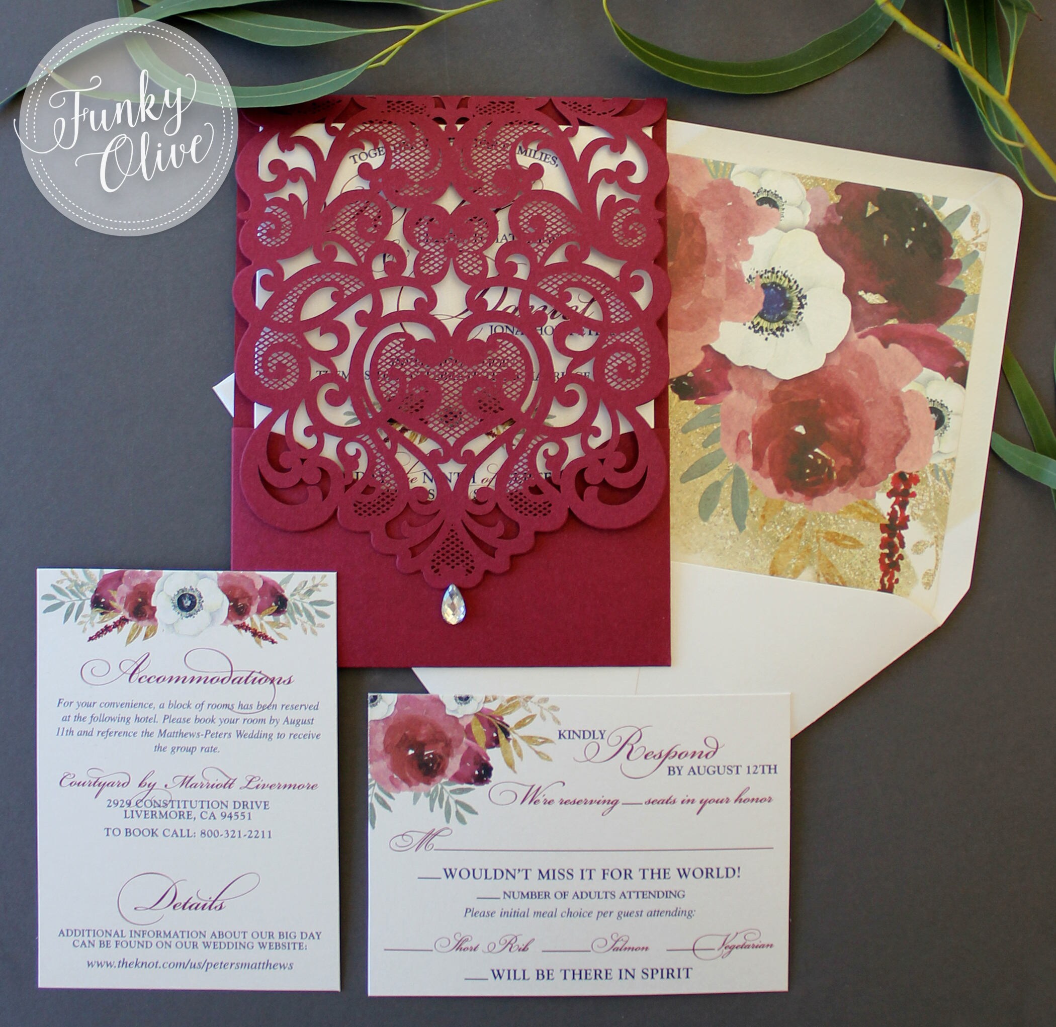 Burgundy Laser Cut Wedding Invitation Package Watercolor | Etsy