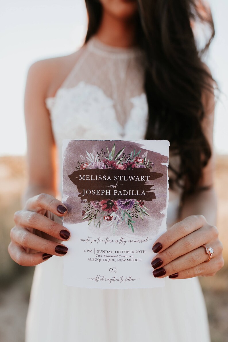 Deckled Edge Wedding Invitation Dark Moody Burgundy Plum image 0