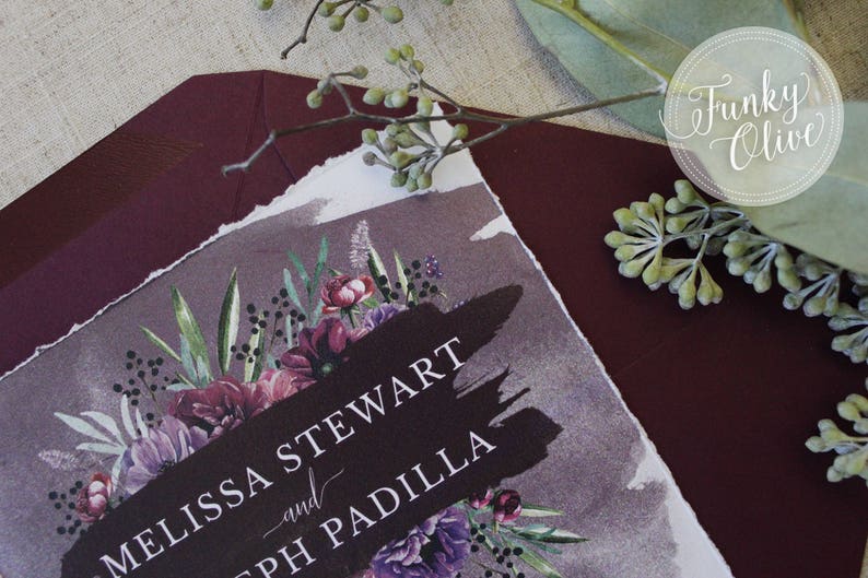 Deckled Edge Wedding Invitation Dark Moody Burgundy Plum image 5