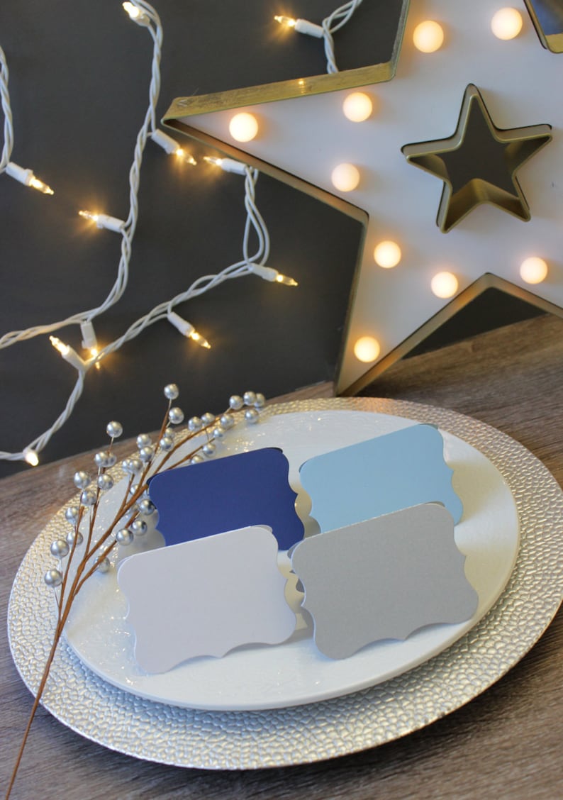 Hanukkah Placecards Winter Party Dinner Table Seating Card Navy Silver Blue White BLANK DIE CUT Folded Escort Card Tablescape Centerpiece
