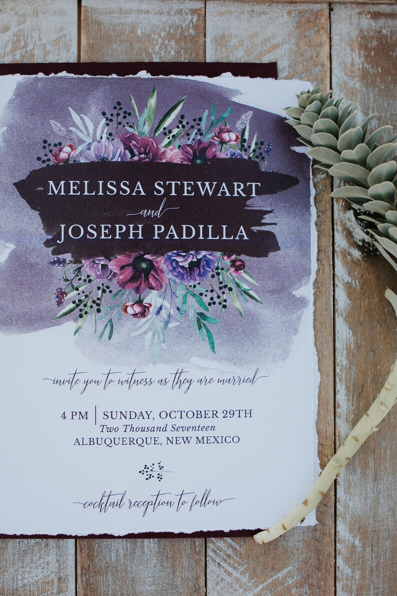Deckled Edge Wedding Invitation Dark Moody Burgundy Plum image 1