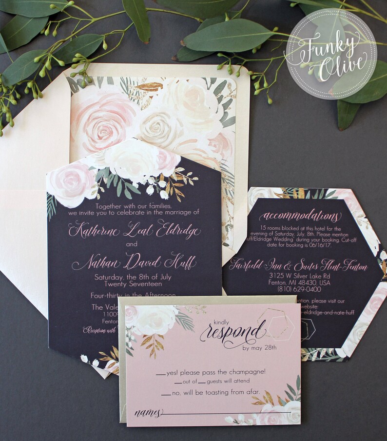 Floral Hexagon Watercolor Wedding Invitation Package Envelope Etsy Floral Hexagon Watercolor Wedding Invitation Package Envelope Etsy