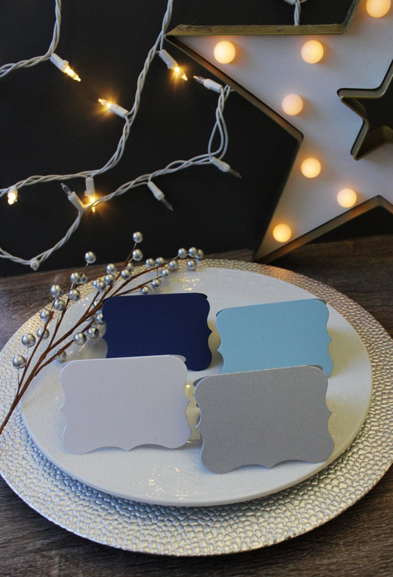 Hanukkah Placecards Winter Party Dinner Table Seating Card Navy Silver Blue White BLANK DIE CUT Folded Escort Card Tablescape Centerpiece