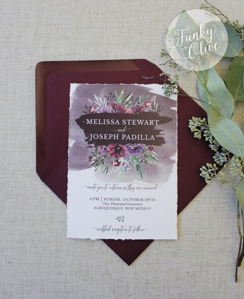 Deckled Edge Wedding Invitation Dark Moody Burgundy Plum image 2
