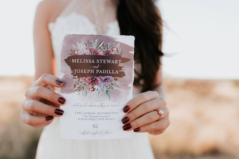 Deckled Edge Wedding Invitation Dark Moody Burgundy Plum image 3