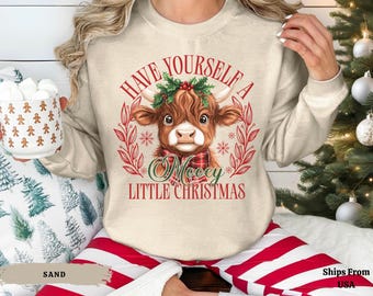 Have Yourself A Mooey Little Christmas Sweatshirt, Christmas Cow Hoodie,Funny Animals Shirt,Christmas Highland Cow Crewneck, Christmas Shirt