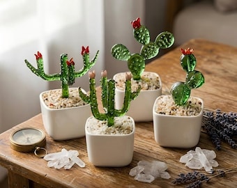 Personalized Glass Cactus Figurine in Engraved Pot,Handmade Eternal Succulent Art,Unique Desert Decor,Custom Plant,Tiny Cactus Collection