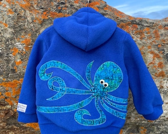 Frost Blue Octopus- Children's Fleece Jacket, Handmade Fleece Jacket for Baby Toddler Kids, Handmade in Alaska, Warm Fun Cute Kids Clothing