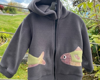 Grey Fish- Children's Fleece Jacket, Handmade Fleece Jacket for Baby Toddler Kids, Handmade in Alaska, Warm Fun Cute Kids Clothing