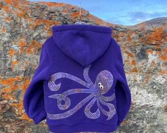 Purple Octopus- Children's Fleece Jacket, Handmade Fleece Jacket for Baby Toddler Kids, Handmade in Alaska, Warm Fun Cute Kids Clothing