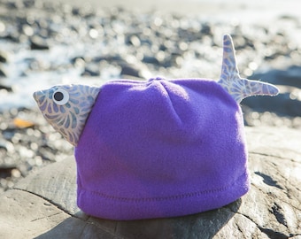 Purple Fish- Children's Fleece Hat, Handmade Cute Kids Clothing, Warm Handsewn Fleece Hat for Kids Baby Toddler Boy  Girl, Alaskan Made