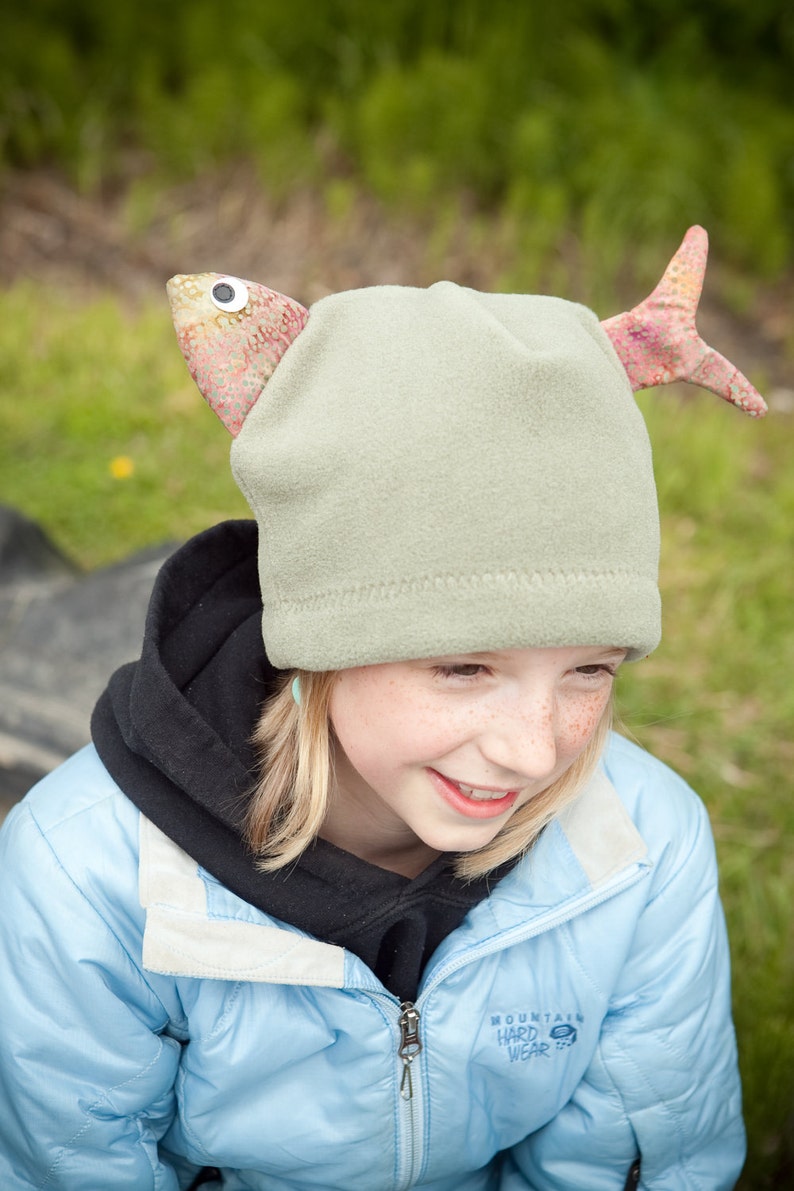 Green Fish Children's Fleece Hat, Handmade Cute Kids Clothing, Warm Hand sewn Fleece Hat for Kids Baby Toddler, Boy and Girl, Alaskan Made image 2
