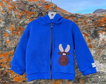Frost Blue Moose- Children's Fleece Jacket, Handmade Fleece Jacket for Baby Toddler Kids, Handmade in Alaska, Warm Fun Cute Kids Clothing