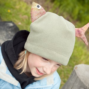 Green Fish Children's Fleece Hat, Handmade Cute Kids Clothing, Warm Hand sewn Fleece Hat for Kids Baby Toddler, Boy and Girl, Alaskan Made image 5