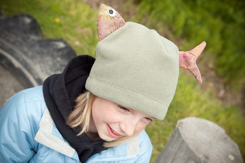 Green Fish Children's Fleece Hat, Handmade Cute Kids Clothing, Warm Hand sewn Fleece Hat for Kids Baby Toddler, Boy and Girl, Alaskan Made image 5
