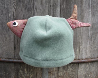 Green Fish- Children's Fleece Hat, Handmade Cute Kids Clothing, Warm Hand sewn Fleece Hat for Kids Baby Toddler, Boy and Girl, Alaskan Made