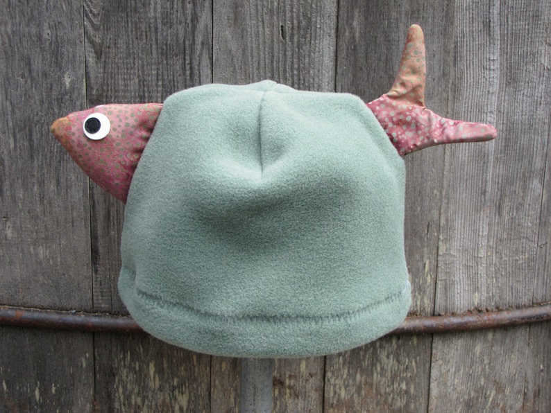 Green Fish Children's Fleece Hat, Handmade Cute Kids Clothing, Warm Hand sewn Fleece Hat for Kids Baby Toddler, Boy and Girl, Alaskan Made image 1