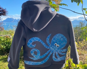 Grey Octopus- Children's Fleece Jacket, Handmade Fleece Jacket for Baby Toddler Kids, Handmade in Alaska, Warm Fun Cute Kids Clothing