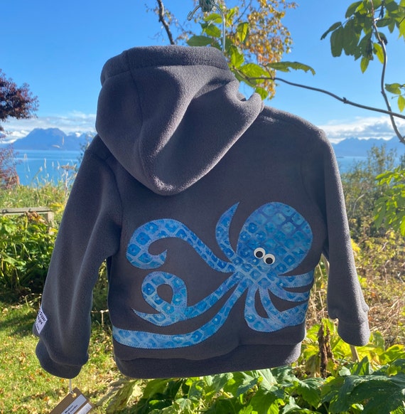 Grey Octopus Children s Fleece Jacket Handmade Fleece Jacket for Baby Toddler Kids Handmade in Alaska Warm Fun Cute Kids Clothing