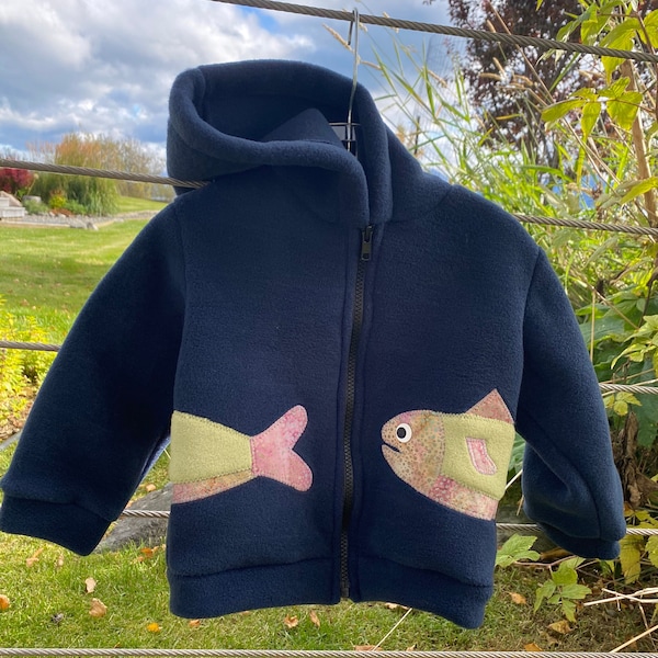 Navy Blue Fish- Children's Fleece Jacket, Handmade Fleece Jacket for Baby Toddler Kids, Handmade in Alaska, Warm Fun Cute Kids Clothing