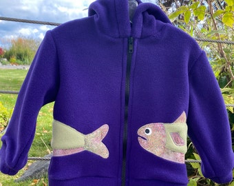 Purple Fish- Children's Fleece Jacket, Handmade Fleece Jacket for Baby Toddler Kids, Handmade in Alaska, Warm Fun Cute Kids Clothing
