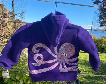 Purple Octopus- Children's Fleece Jacket, Handmade Fleece Jacket for Baby Toddler Kids, Handmade in Alaska, Warm Fun Cute Kids Clothing