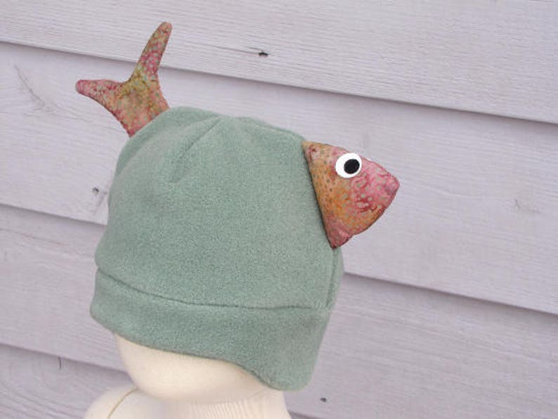 Green Fish Children's Fleece Hat, Handmade Cute Kids Clothing, Warm Hand sewn Fleece Hat for Kids Baby Toddler, Boy and Girl, Alaskan Made image 6