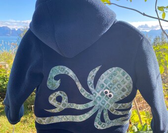 Navy Blue Octopus- Children's Fleece Jacket, Handmade Fleece Jacket for Baby Toddler Kids, Handmade in Alaska, Warm Fun Cute Kids Clothing