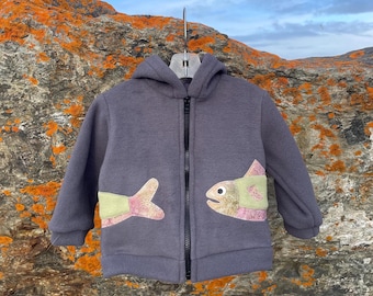 Grey Fish- Children's Fleece Jacket, Handmade Fleece Jacket for Baby Toddler Kids, Handmade in Alaska, Warm Fun Cute Kids Clothing