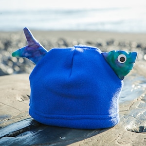 Blue Fish Children's Fleece Hat, Handmade Cute Kids Clothing, Warm Hand sewn Fleece Hat for Kids Baby Toddler, Boy and Girl, Alaskan Made image 1