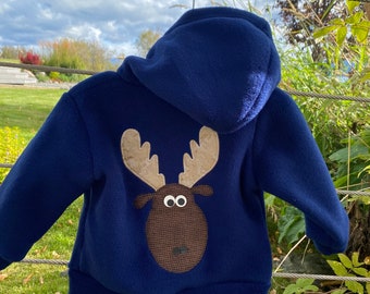 Navy Blue Moose- Children's Fleece Jacket, Handmade Fleece Jacket for Baby Toddler Kids, Handmade in Alaska, Warm Fun Cute Kids Clothing