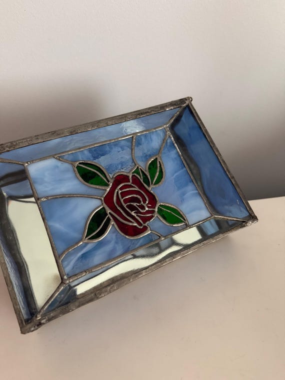 Red Rose Blue Stained Glass Jewelry Box, Mirrored Bottom