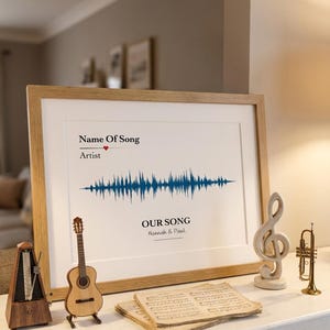 May include: A framed print with a blue soundwave design, the text "Name Of Song" and "OUR SONG" with names below. A miniature guitar, metronome, treble clef statue, trumpet, and sheet music are on a white surface.