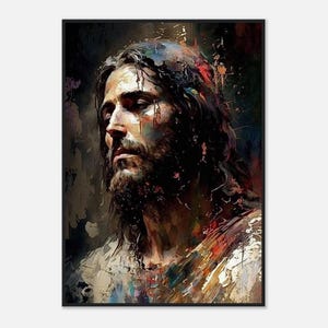 May include: A framed portrait of a man with long hair and a beard, rendered in an artistic, painterly style. The artwork features a dark background with splashes of color and a focus on the subject's face, with a contemplative expression.