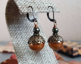 Copper Pearl Earrings - Copper & Dark Green Swarovski Pearl Antique Bronze Earrings, Victorian Earrings, Leverback Earrings, Gift for her **