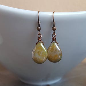 Rustic Green Teardrop Earrings, Wire Wrapped, Picasso Czech Glass, Opaque Green,Vintage Antique Copper, Earthtone, Unique Gift Ideas for her image 1