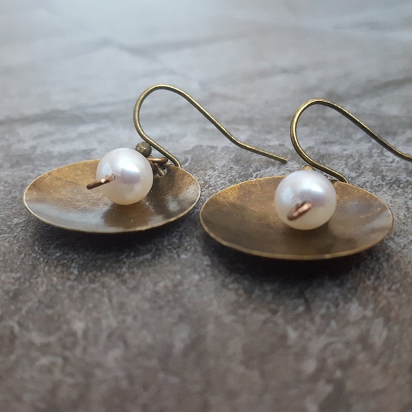 Sale White Pearl Bronze Earrings,  Pearl Cup Earrings, Domed Metal Disc Earrings, Natural Pearl Earrings, Gift for her, jingsbeadingworld