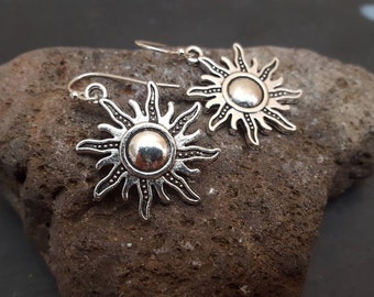 Silver Sun Earrings, Rustic Antique Silver, Celestial Jewelry, Sterling Silver Earwire, Nature Inspired, Gift For Her, jingsbeadingworld