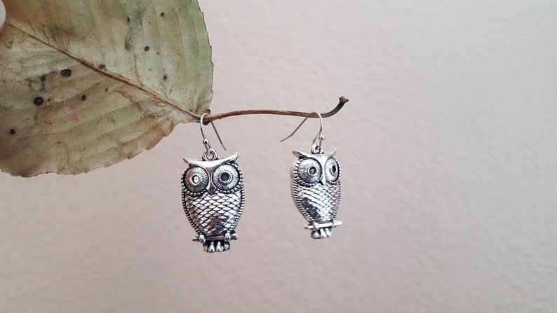 Sale Silver Owl Earrings, Tibetan Silver, Antiqued Silver Owl Charm Earrings, Owl Jewelry, Gift for her, jingsbeadingworld, Nature Inspired image 4