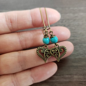 Blue Turquoise Bronze Heart Earrings, Filigree Heart Earrings, Heart Jewelry, Forever in my heart, Unique Gift Ideas for her, Valentines