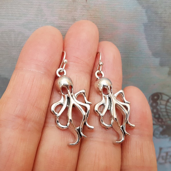 Silver Octopus Earrings, Octopus Jewelry, Antique Silver Earring, Sterling Silver Earwire, Nature Jewelry, Gift for her jingsbeadingworld