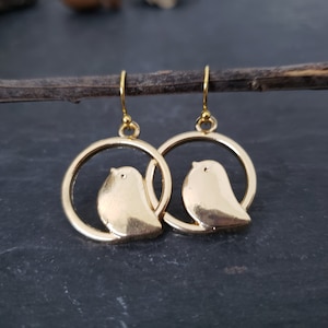 Sale Gold Bird Earrings, Bird On A Swing, Gold Plated Love Bird Earrings, Unique Bird Jewelry, inspired by nature, Gift For Her