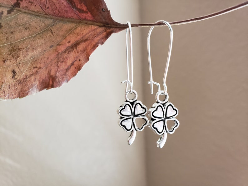 Silver Four Leaf Clover Heart Earrings Mini Leaf Earrings Unique Gift for her Leaf Jewelry Sterling Silver Earwire Nature Inspired **