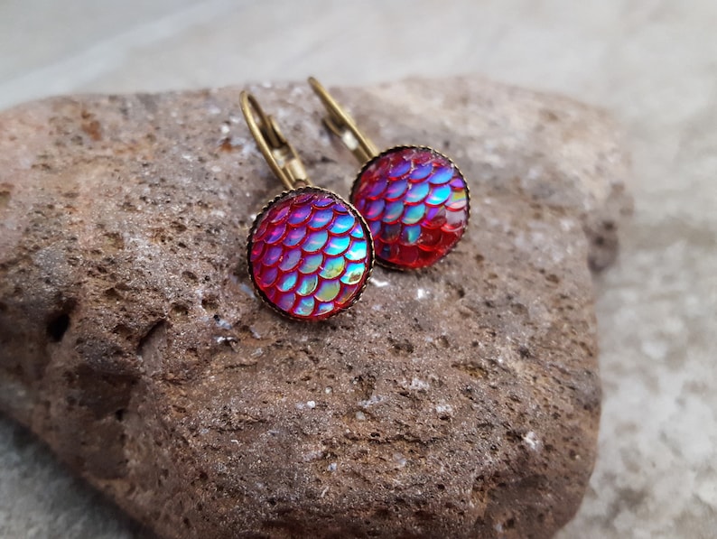 Hot Pink Purple Fish Scale Earrings Ocean Theme Nautical Little Mermaid ** Fish Scale Cabochon Bronze Leverback Earrings